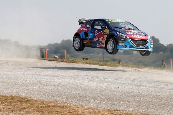 Timur Timerzyanov (Team Peugeot-Hansen) performs during the Round 10 FIA World Rallycross Championship in Franciacorta, Italy on September 27th, 2014
